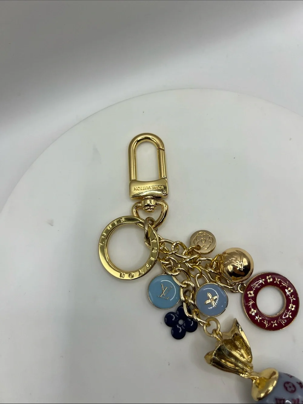1475. Gold-Tone Charm Keyring  or Bag Charm with Multicolor Enamel Accents
